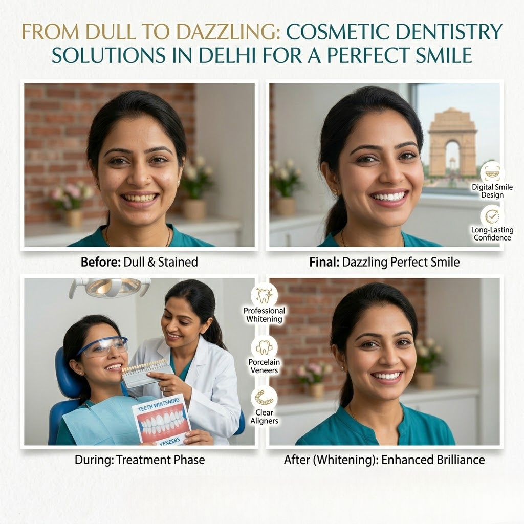 Cosmetic dentistry smile transformation Delhi before after teeth whitening veneers aligners results